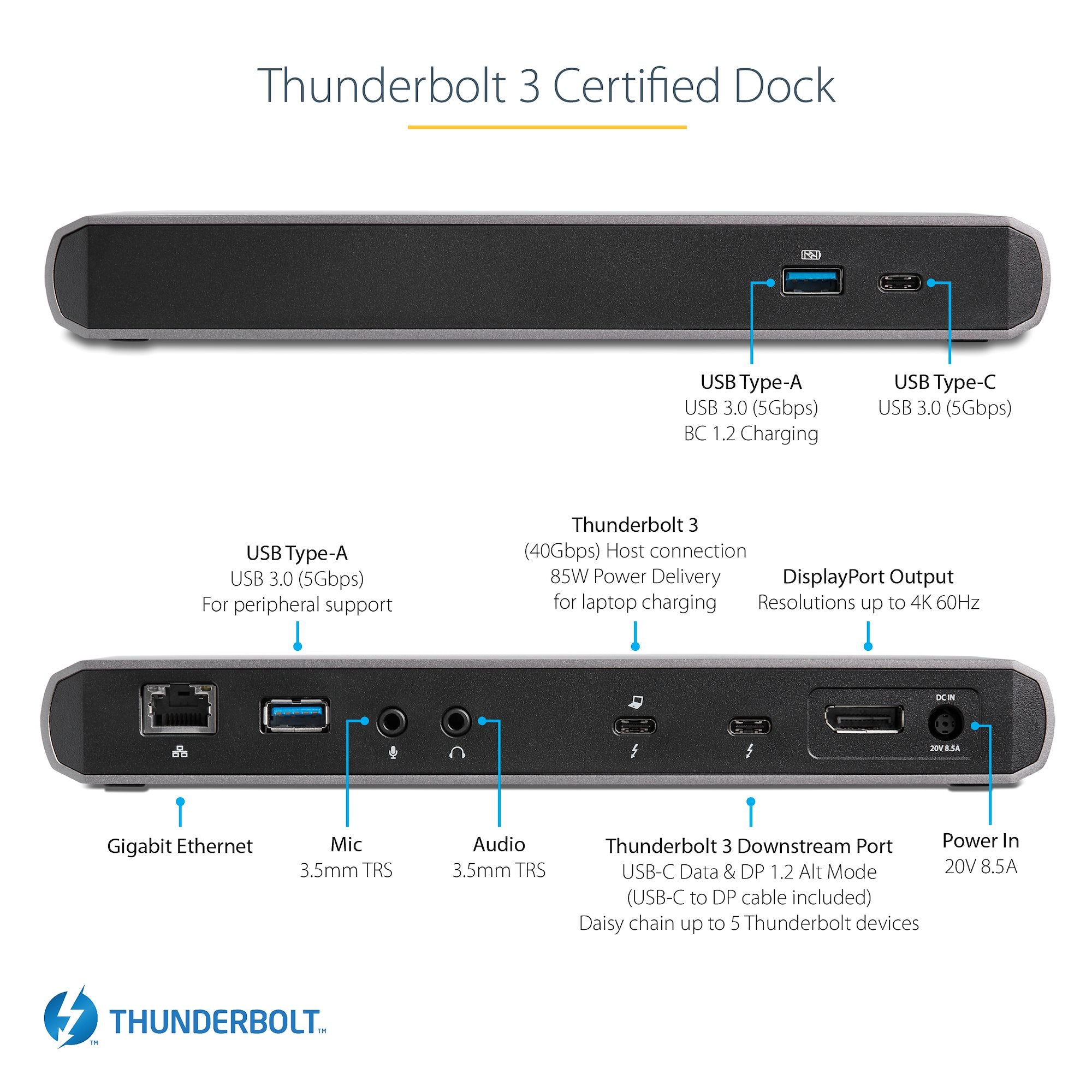 StarTech.com Thunderbolt 3 Dock, Dual Monitor 4K 60Hz TB3 Laptop Docking Station, DisplayPort, 85W PD, 3x USB, GbE - REPLACED BY TB3CDK2DH