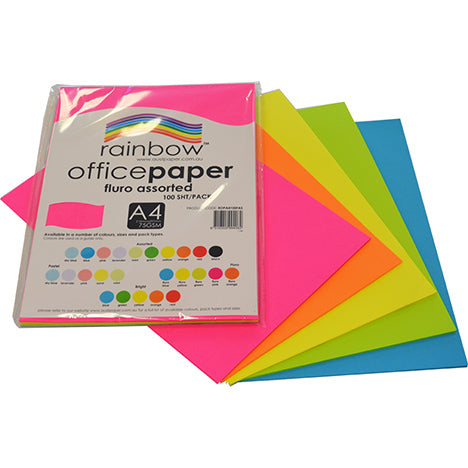 Copy Paper Rainbow A4 75GSM Fluro Assorted PK100 (Each)
