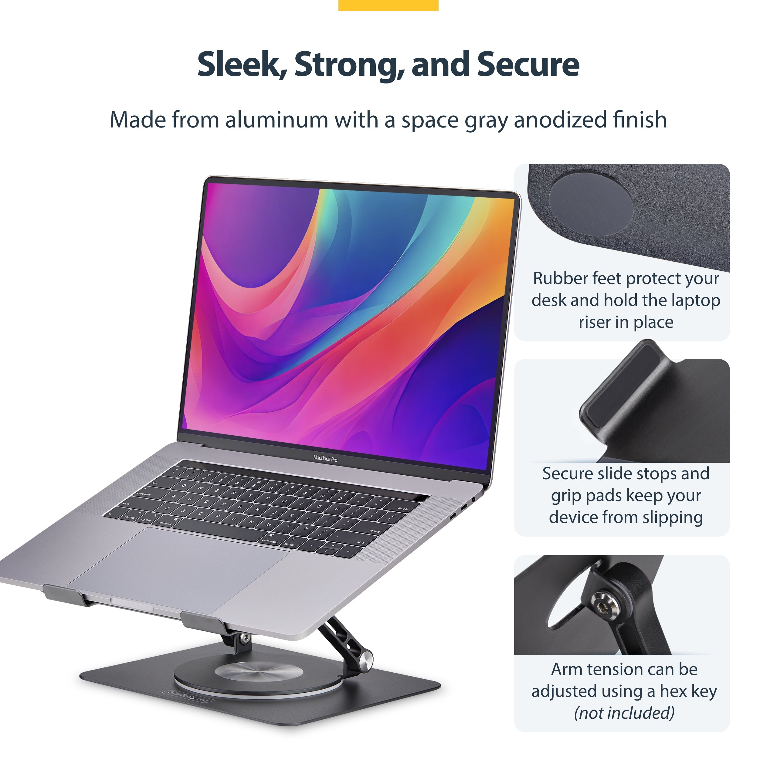 StarTech.com Rotating Laptop Stand, 360 Swivel, Ergonomic Desk Riser for Computer, Elevated Tray w/ Adjustable Tilt, Max 11lb/5kg, Aluminum Build, Portable Design