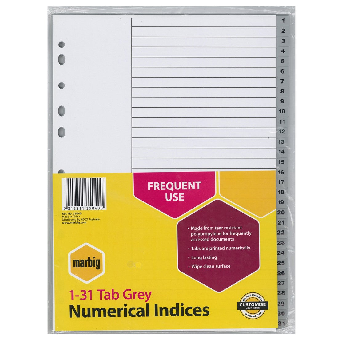 Marbig Dividers A4 PP 1-31 Tab Grey (Each)