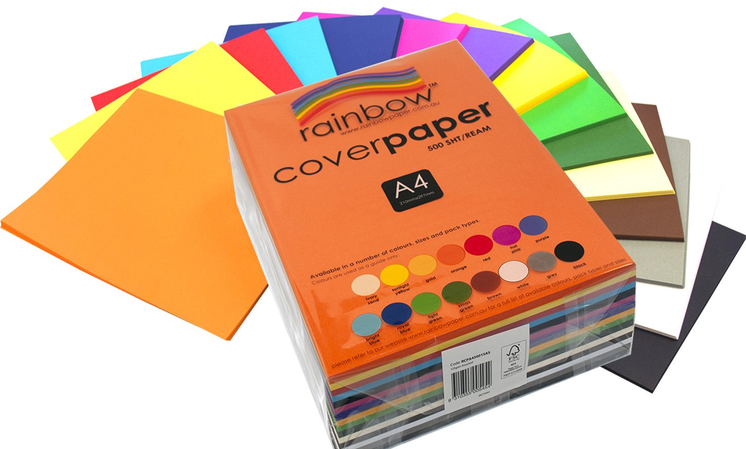 Cover Paper Rainbow A4 125GSM Assorted Colours Ream (Each)