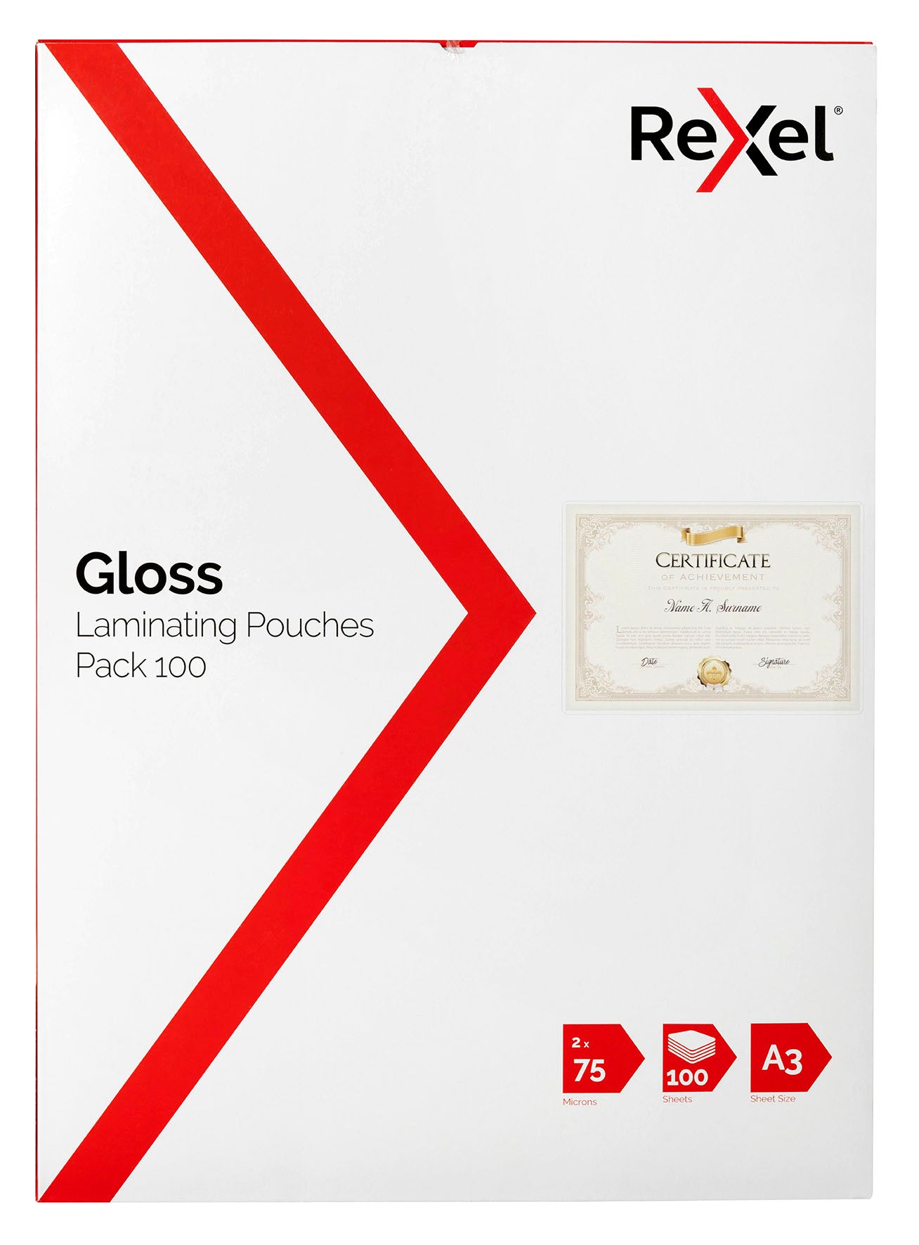 Rexel Laminating Pouches A3 75 Micron Clear Bx100 (Box )