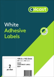 Labels Celcast 2UP 199.6x143.5mm LASER/INKJET White PK100 (Each)