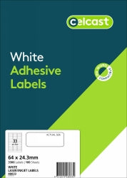 Labels Celcast 33UP 64x24.3mm LASER/INKJET White PK100 (Each)