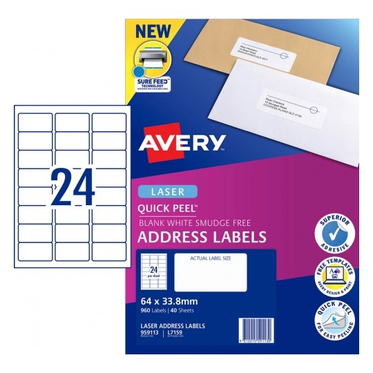 Avery Label 24UP 64x33.8mm L7159 Laser Quick Peel Address PK40 (Each)