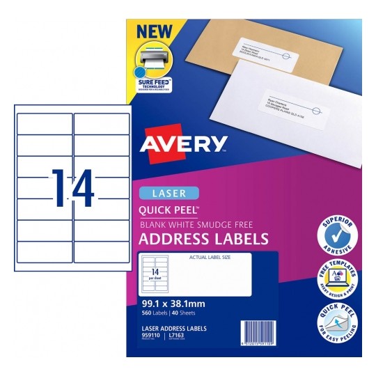 Avery Label 99.1x33.8mm L7163 Laser Quick Peel Address 14UP PK40 (Each)