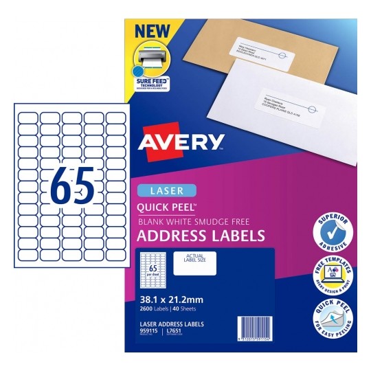 Avery Label 38.1x21.2mm L7651 Laser Quick Peel Address 65UP PK40 (Each)