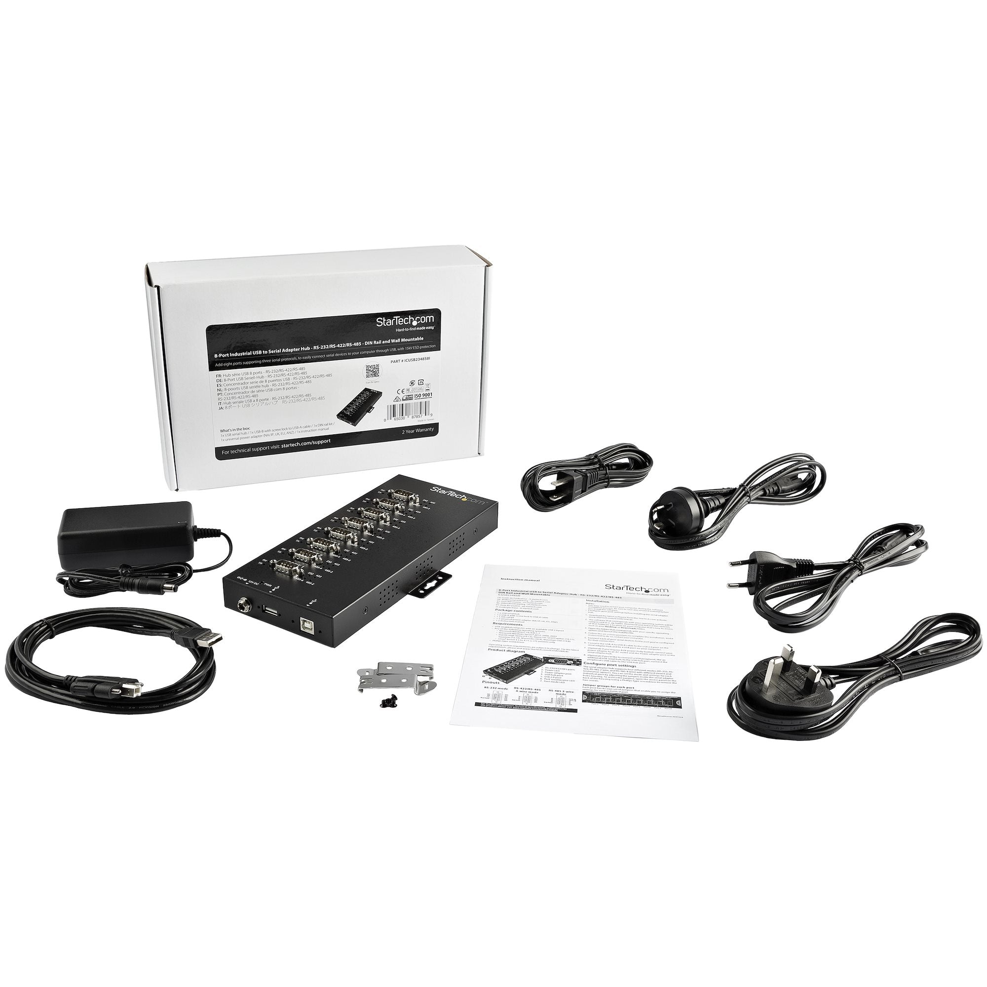 StarTech.com 8 Port Serial Hub USB to RS232/RS485/RS422 Adapter - Industrial USB 2.0 to DB9 Serial Converter Hub - IP30 Rated - Din Rail Mountable Metal Serial Hub - 15kV ESD Protection