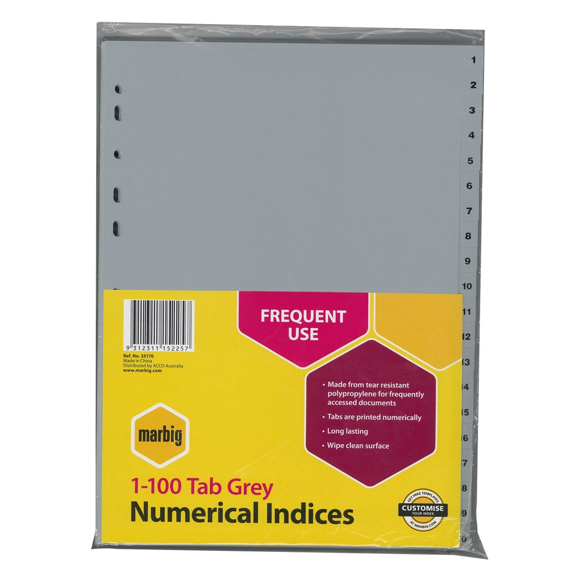 Marbig Dividers A4 PP 1-100 Grey (Each)