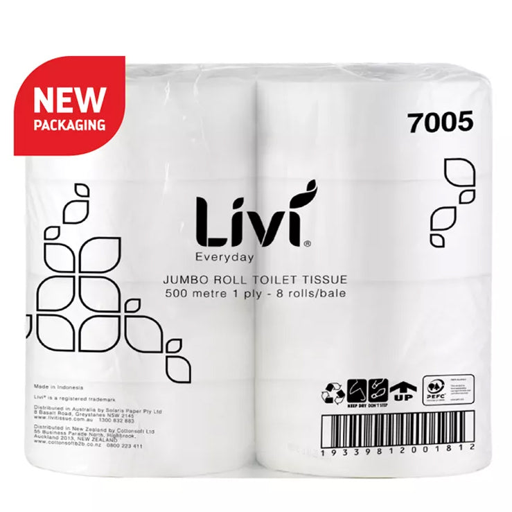 Livi Toilet Paper Roll Basics 500M Jumbo 1PLY (Box 8)