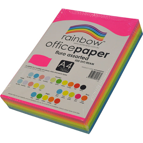 Copy Paper Rainbow A4 75GSM Fluoro Assorted PK500 (Each)
