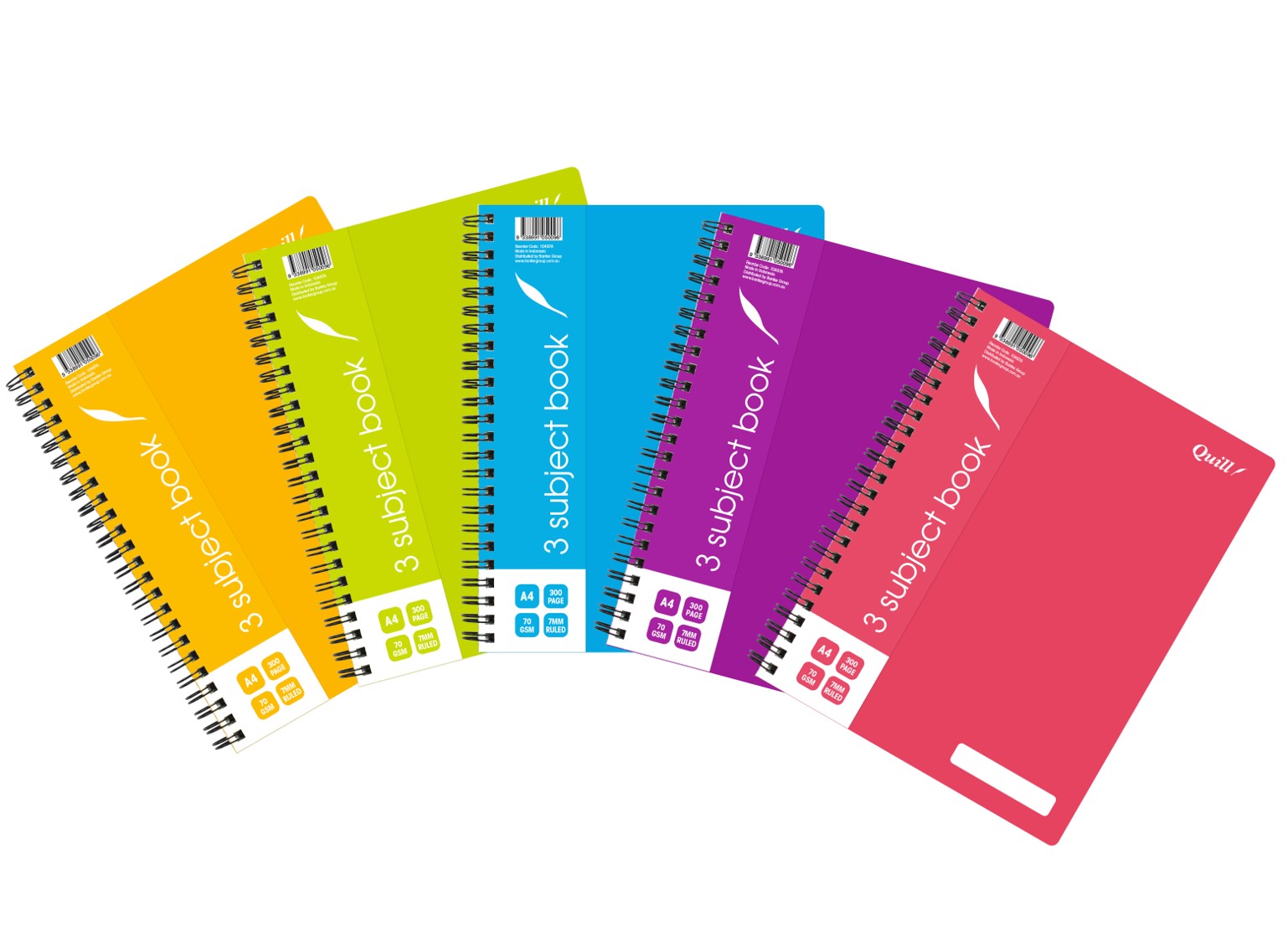 Quill Notebook A4 70GSM PP 3 Subject Assorted 300-page (Pack 5)