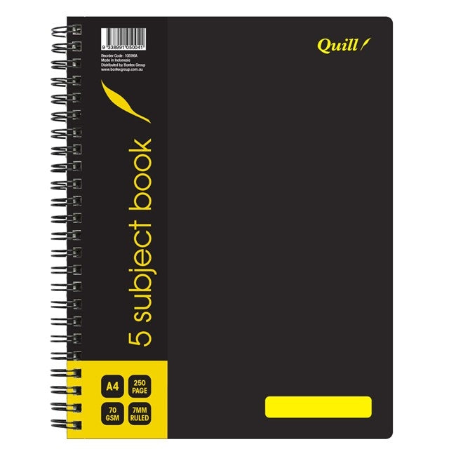Quill Notebook A4 70GSM PP 5 Subject Black 250-page (Pack 5)