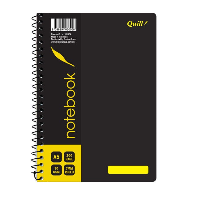 Quill Notebook A5 70GSM PP Black 200-page (Pack 5)