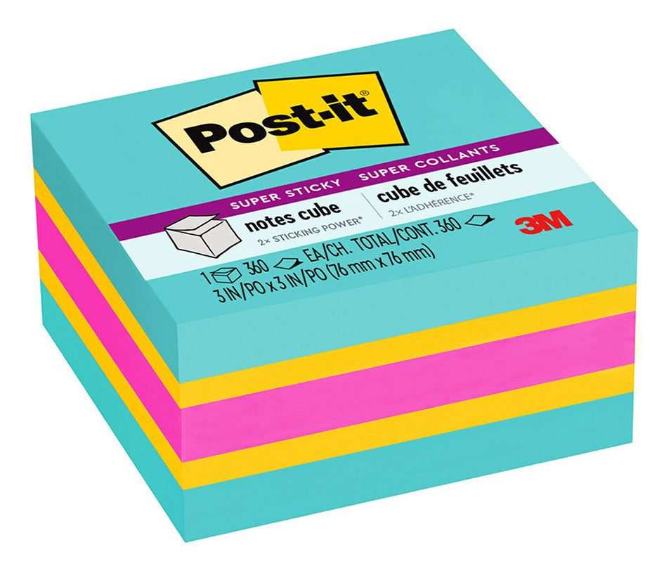 3M Notes Super Sticky 76x76mm Cube 2027-SSAFG Aqua Mix 360SHT (Each)