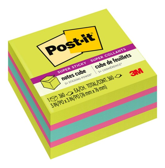 3M Notes Super Sticky 76x76mm Cube 2027-SSGFA Neon Green Mix 360SHT (Each)