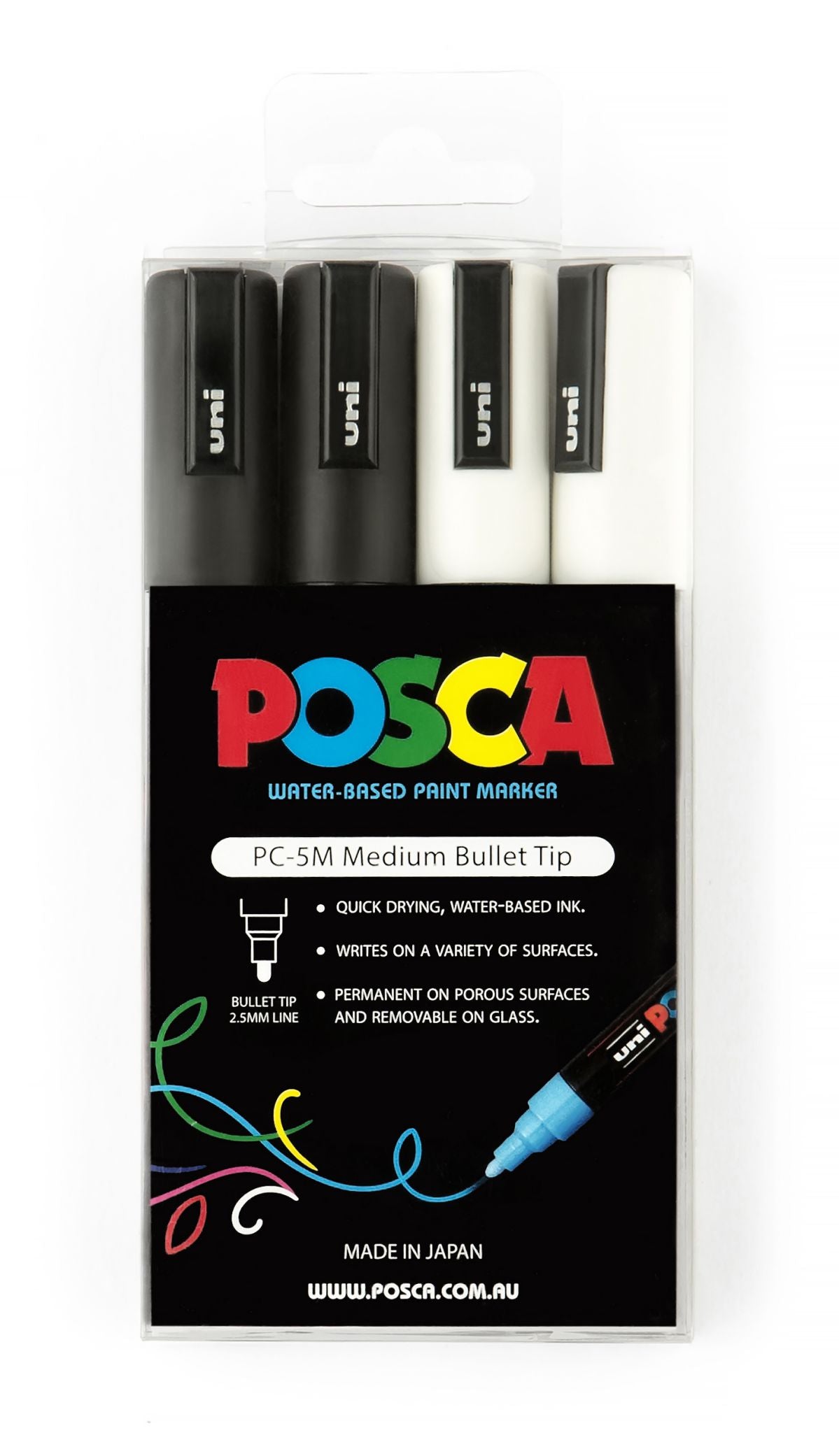 POSCA Uni Marker 2.5mm Tip PC5M Assorted Black/White PK4 (Each)