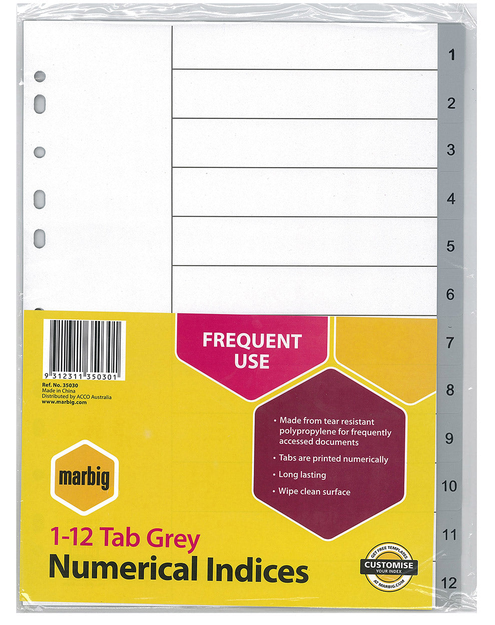Marbig Dividers A4 PP 1-12 Tab Grey (Each)