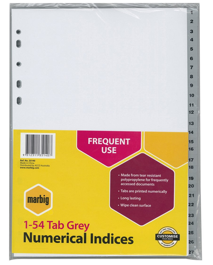 Marbig Dividers A4 PP 1-54 Tab Grey (Each)