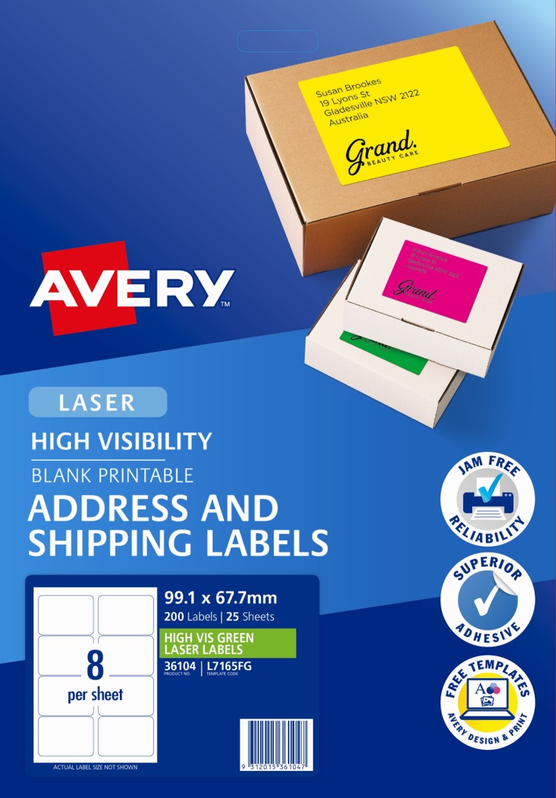 Avery Label L7165FG Shipping Hi Vis Fluoro Green 8UP 25 Shts (Each)