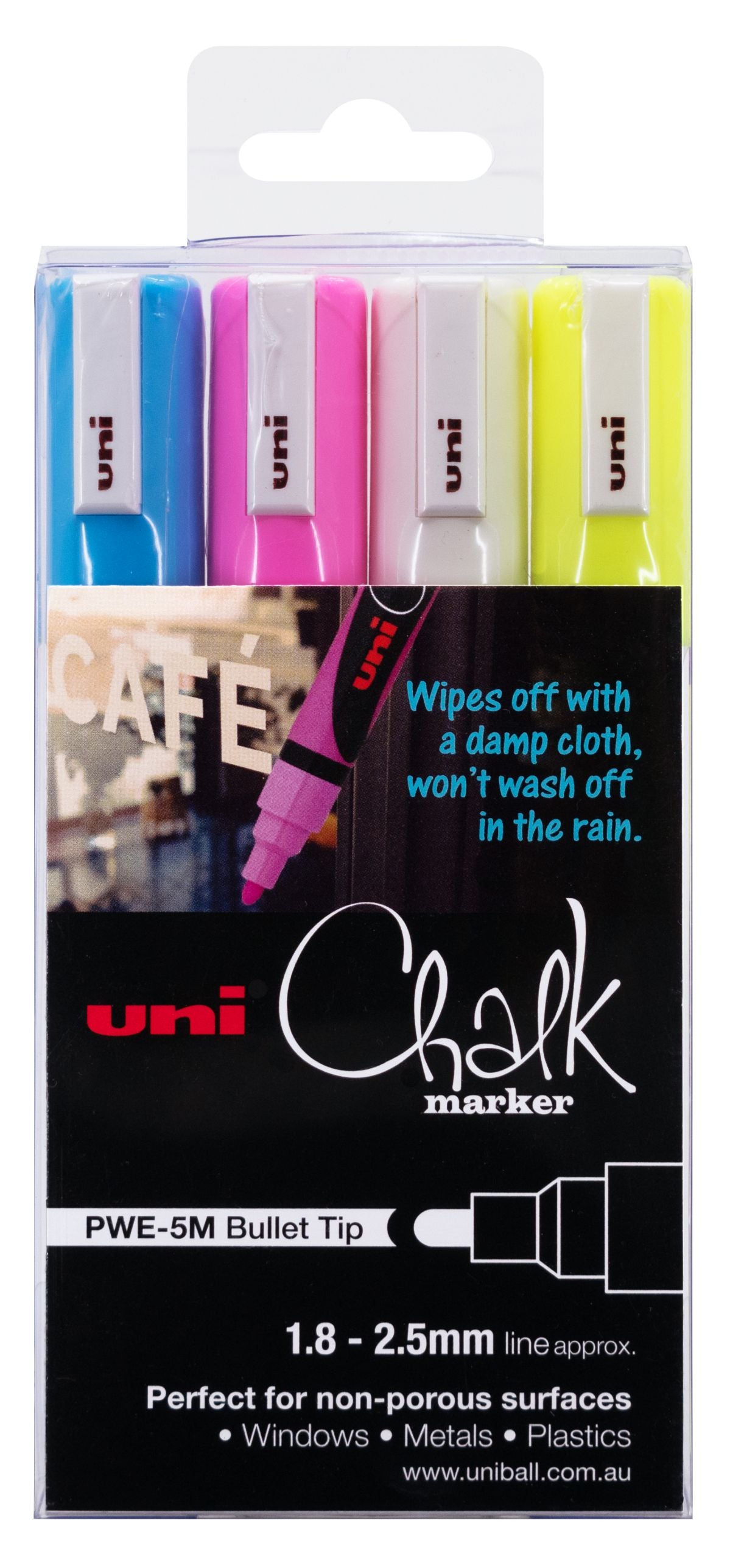 Uni Marker Chalk 1.8mm-2.5mm PWE5M Bullet Tip Assorted PK4 (Each)