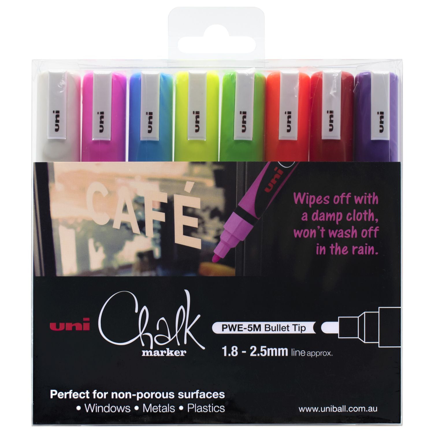 Uni Marker Chalk 1.8mm-2.5mm PWE5M Bullet Tip Assorted PK8 (Each)