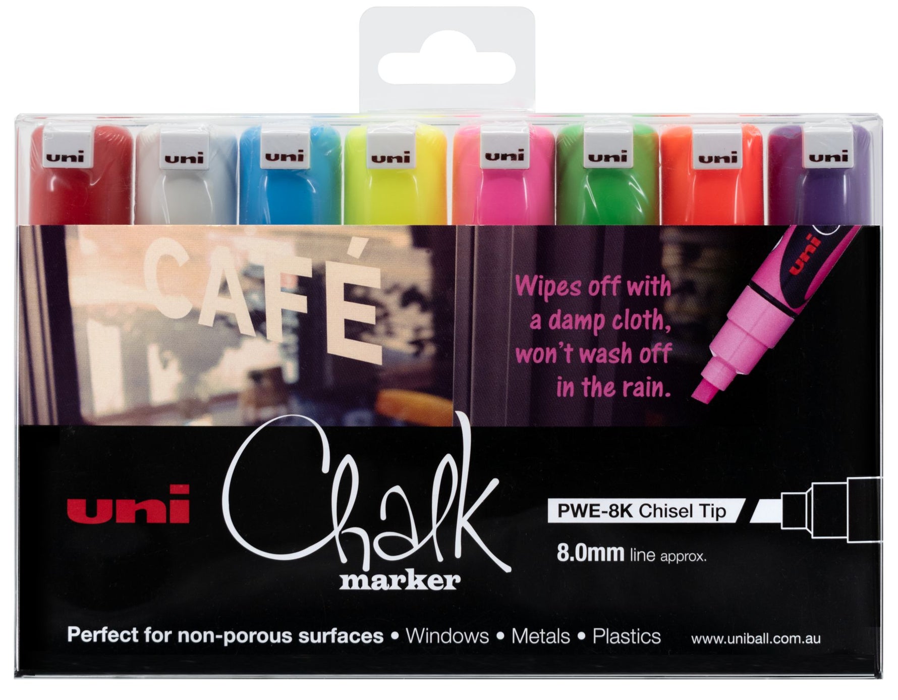 Uni Marker Chalk 8.0mm PWE8K Chisel Tip Assorted PK8 (Each)