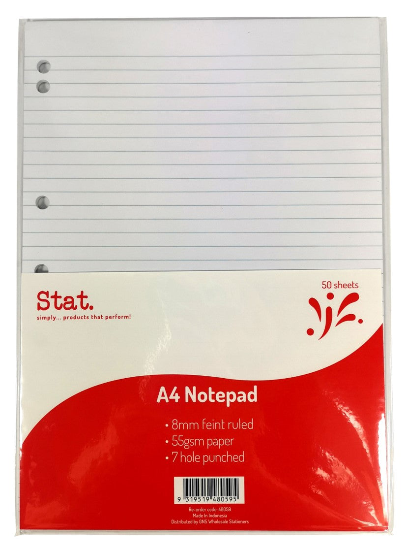 Staedtler Notepad A4 7 Hole Punched 55GSM 8mm Ruling White 50SHT (Each)
