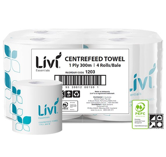 Livi Paper Towel Roll Essential Centrefeed 300M 1PLY (Box 4)
