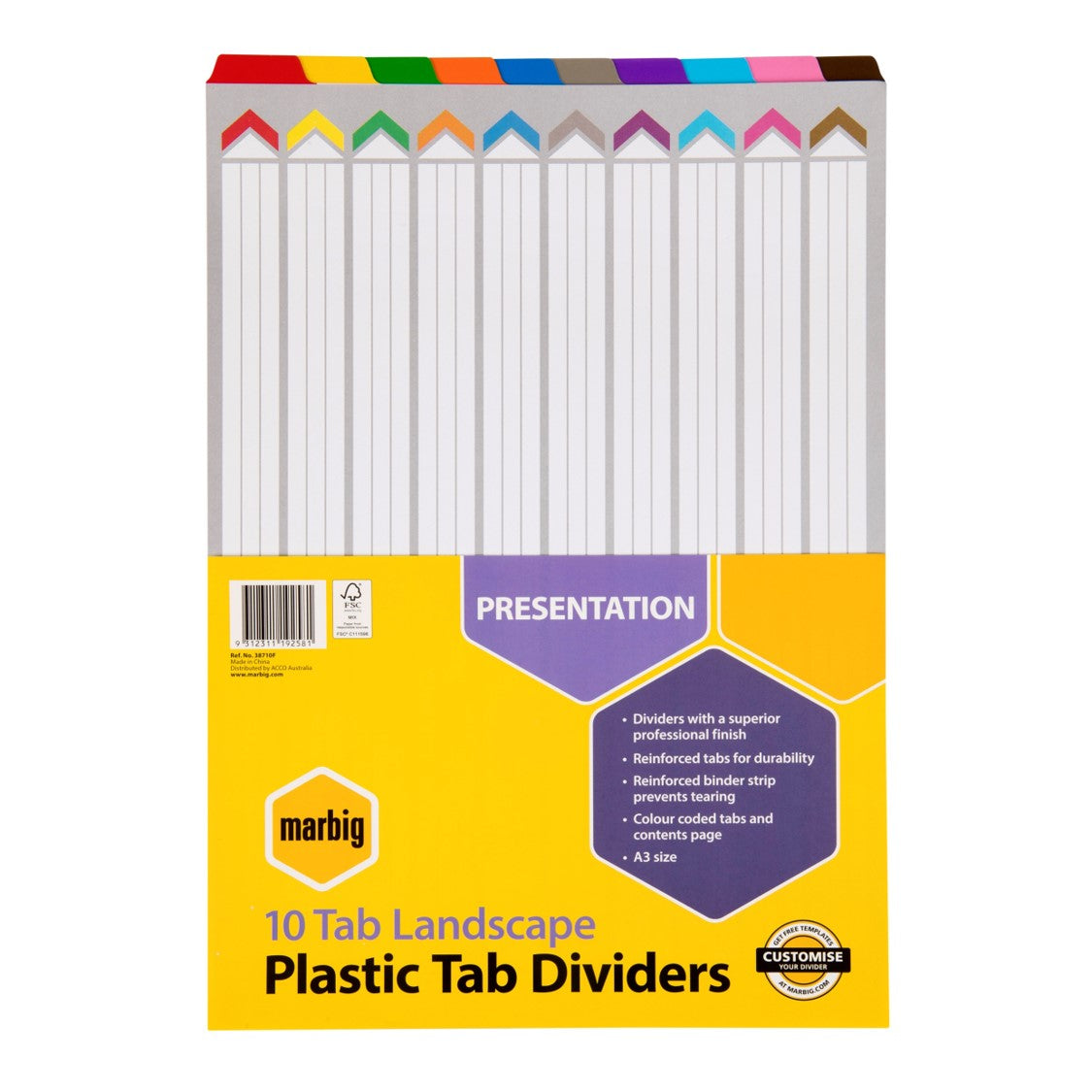 Marbig Dividers A3 Board 10 Tab Landscape (Each)