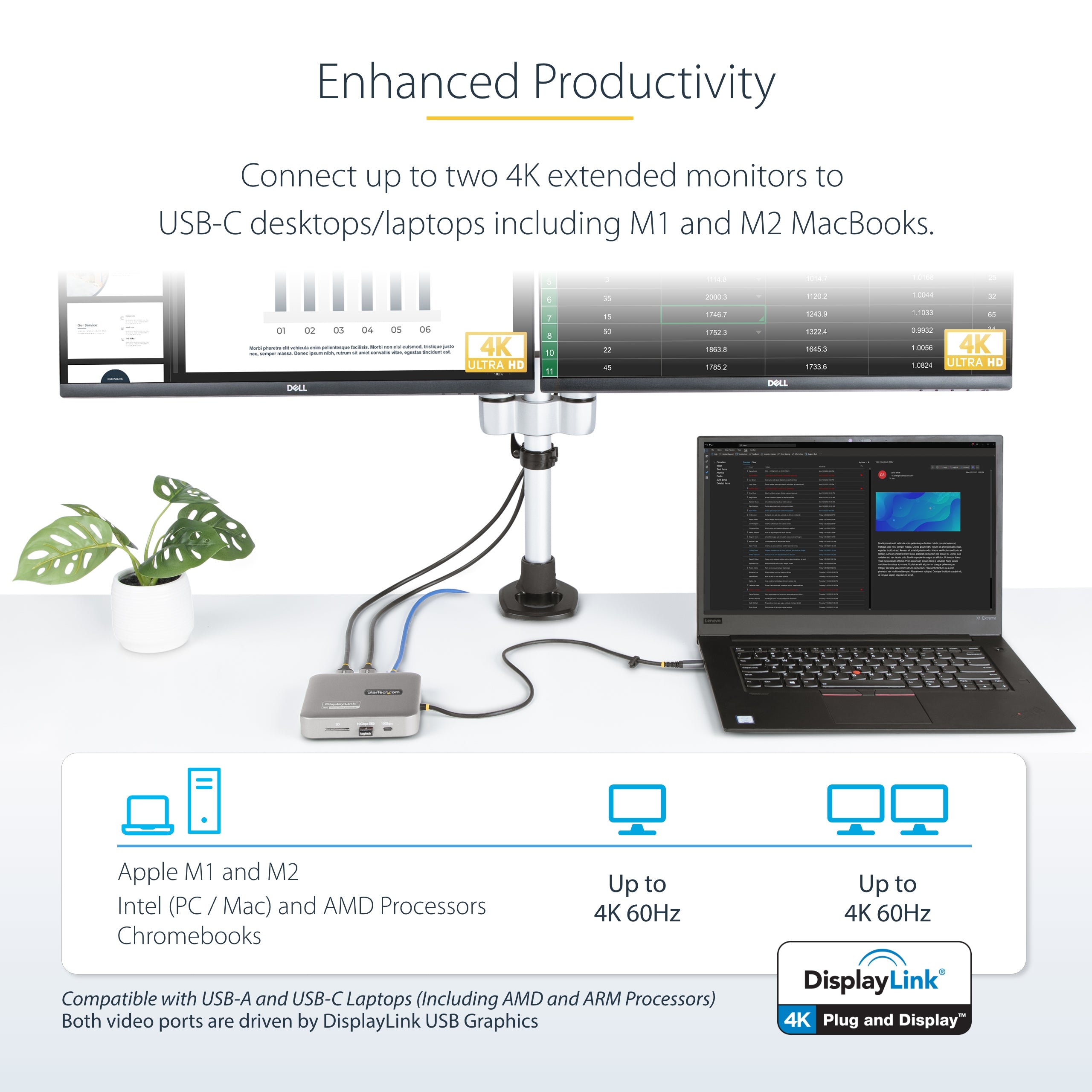StarTech.com USB C Docking Station, Dual 4K 60Hz HDMI compatible with Macbook Pro (M1/M2/M3/M4) and Windows, USB-A/USB-C 10Gbps Hub, 100W Power Delivery, GbE, SD, 22in/56cm Cable
