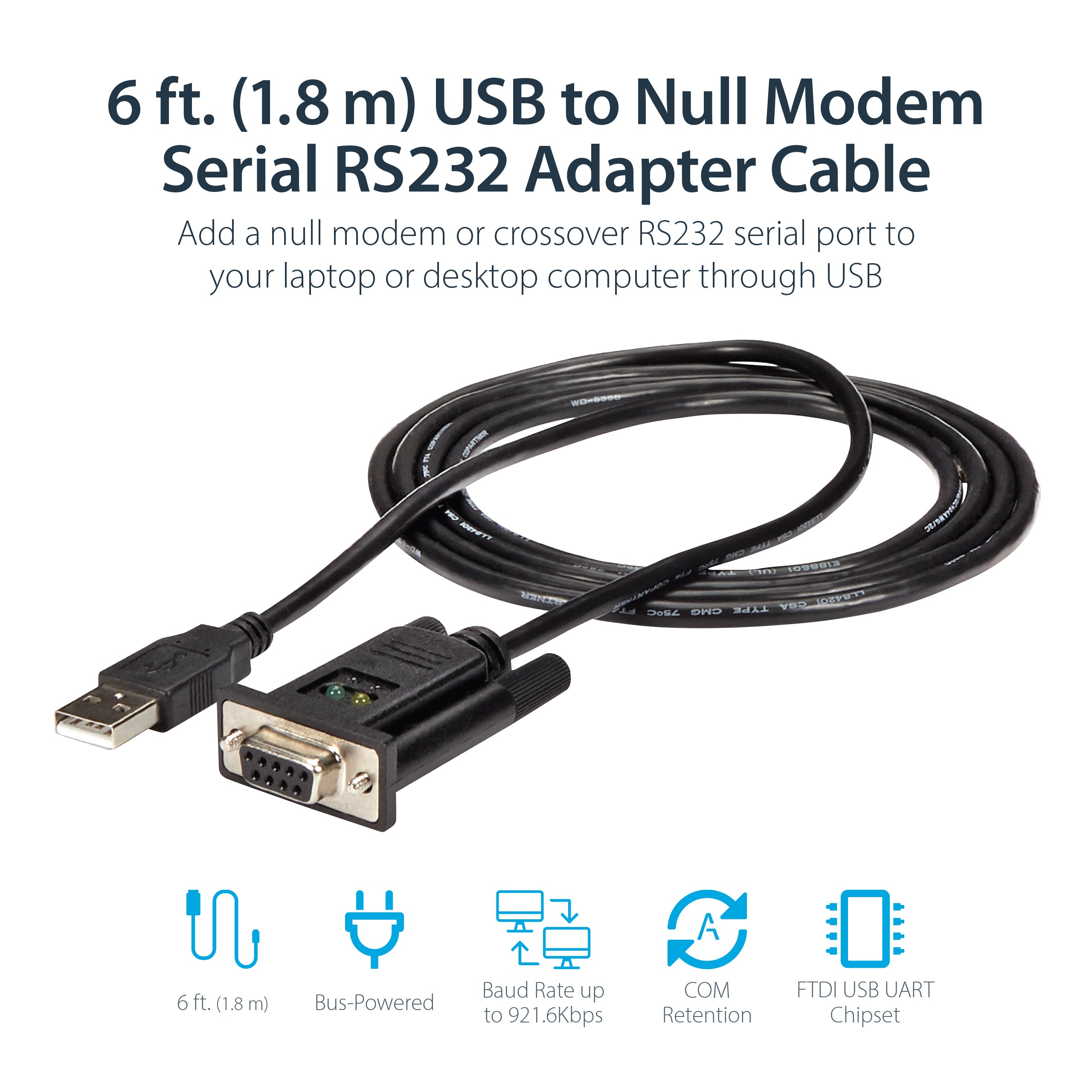 StarTech.com 6ft (1.8m) 1-Port USB to Serial RS232 Adapter, FTDI DB9 Serial DCE Adapter Cable, Null Modem, USB 2.0 - TAA