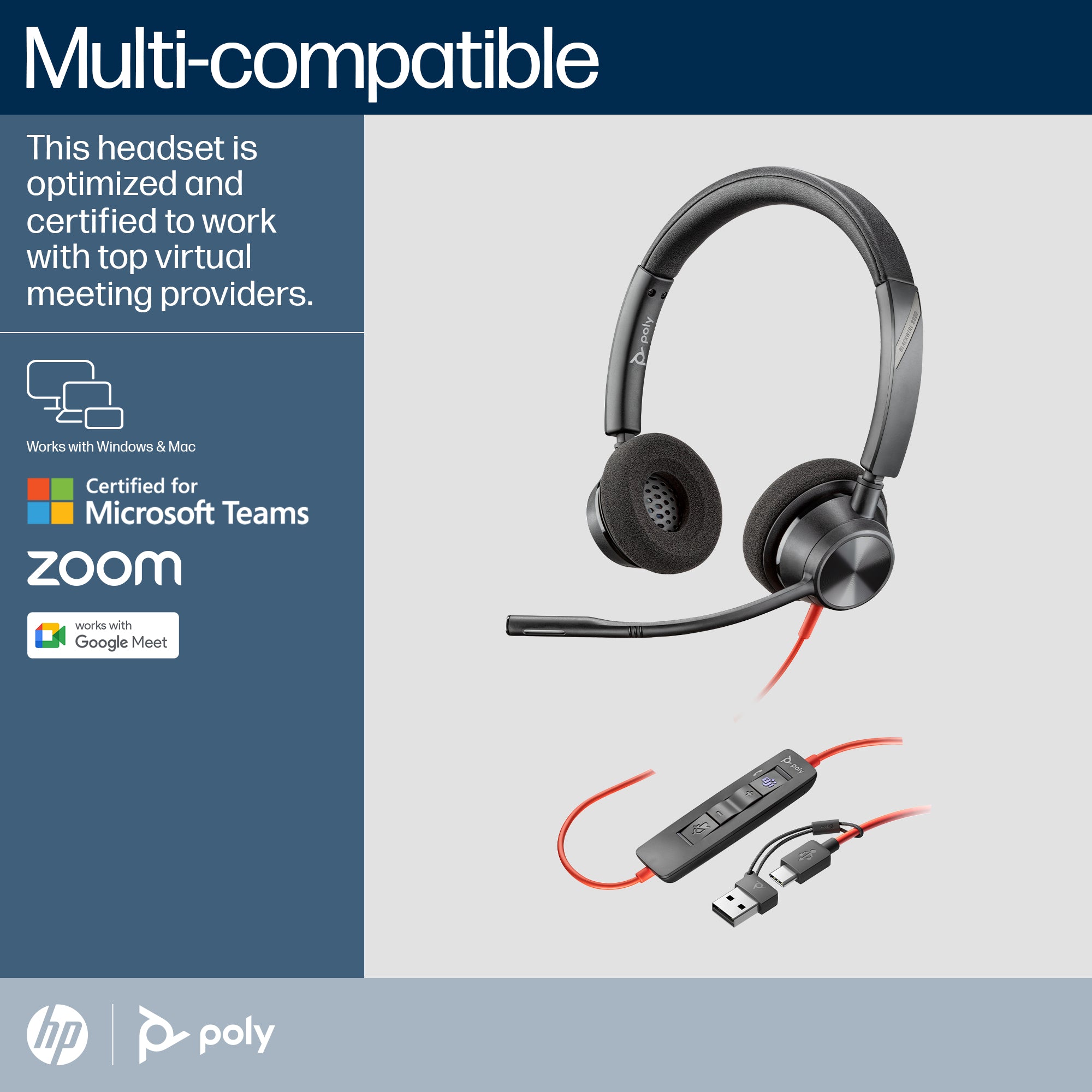 Poly Blackwire 3320 Stereo Microsoft Teams Certified USB-C Headset +USB-C/A Adapter