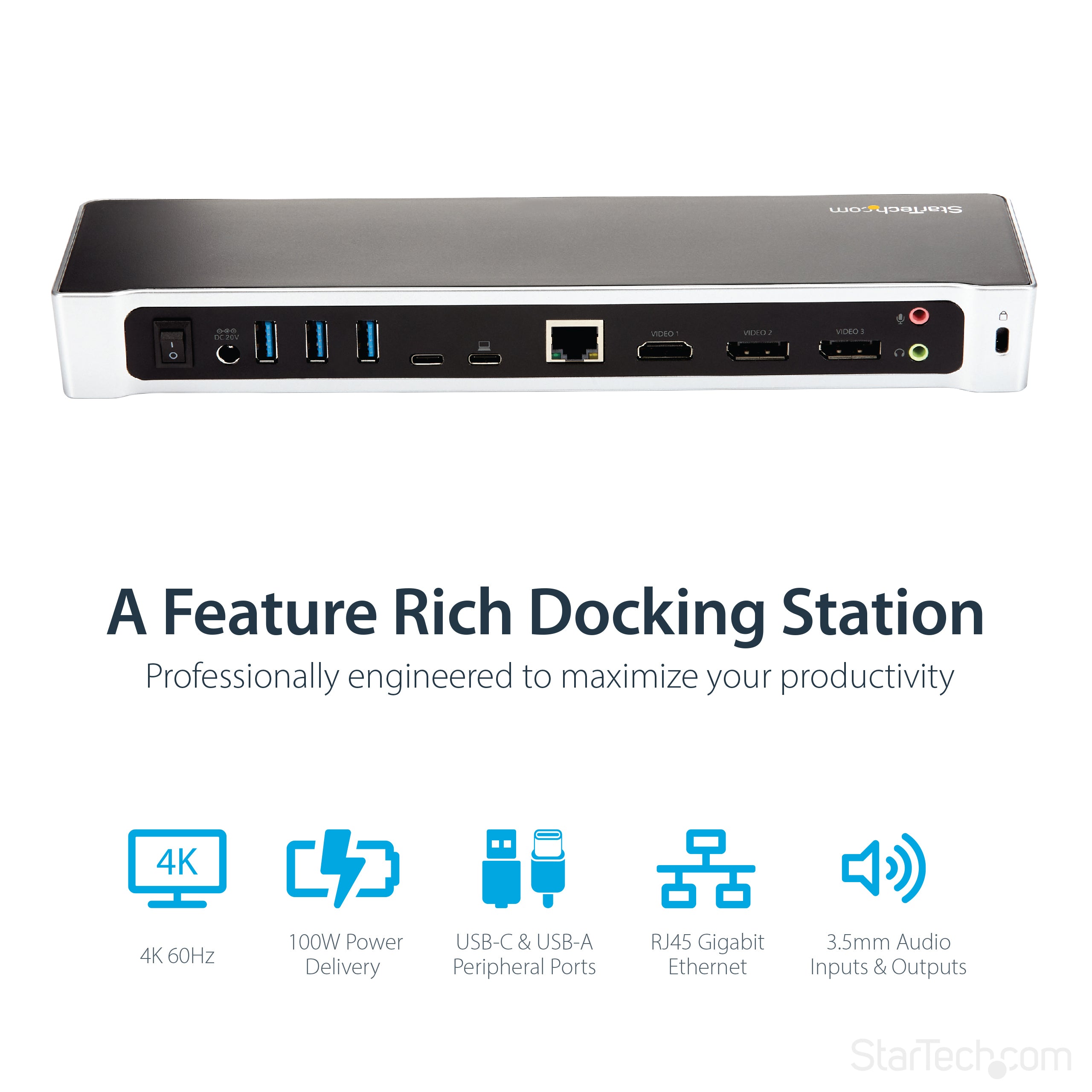 StarTech.com 4K USB-C Dock, Triple UHD 4K Monitor Docking Station, Mac & Windows, USB C to HDMI & DisplayPort, 100W Power Delivery, 5x USB 5Gbps Hub - TAA