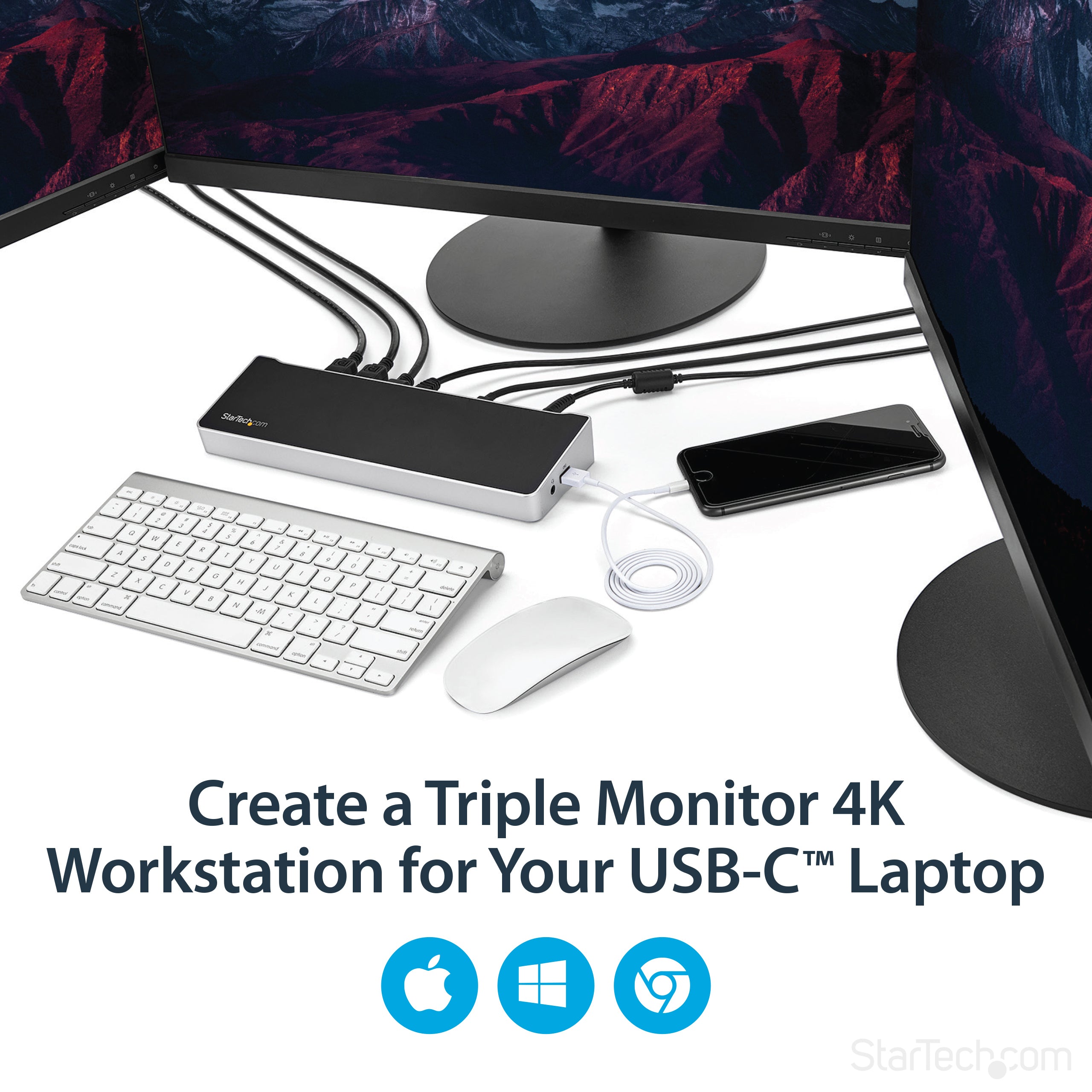 StarTech.com 4K USB-C Dock, Triple UHD 4K Monitor Docking Station, Mac & Windows, USB C to HDMI & DisplayPort, 100W Power Delivery, 5x USB 5Gbps Hub - TAA