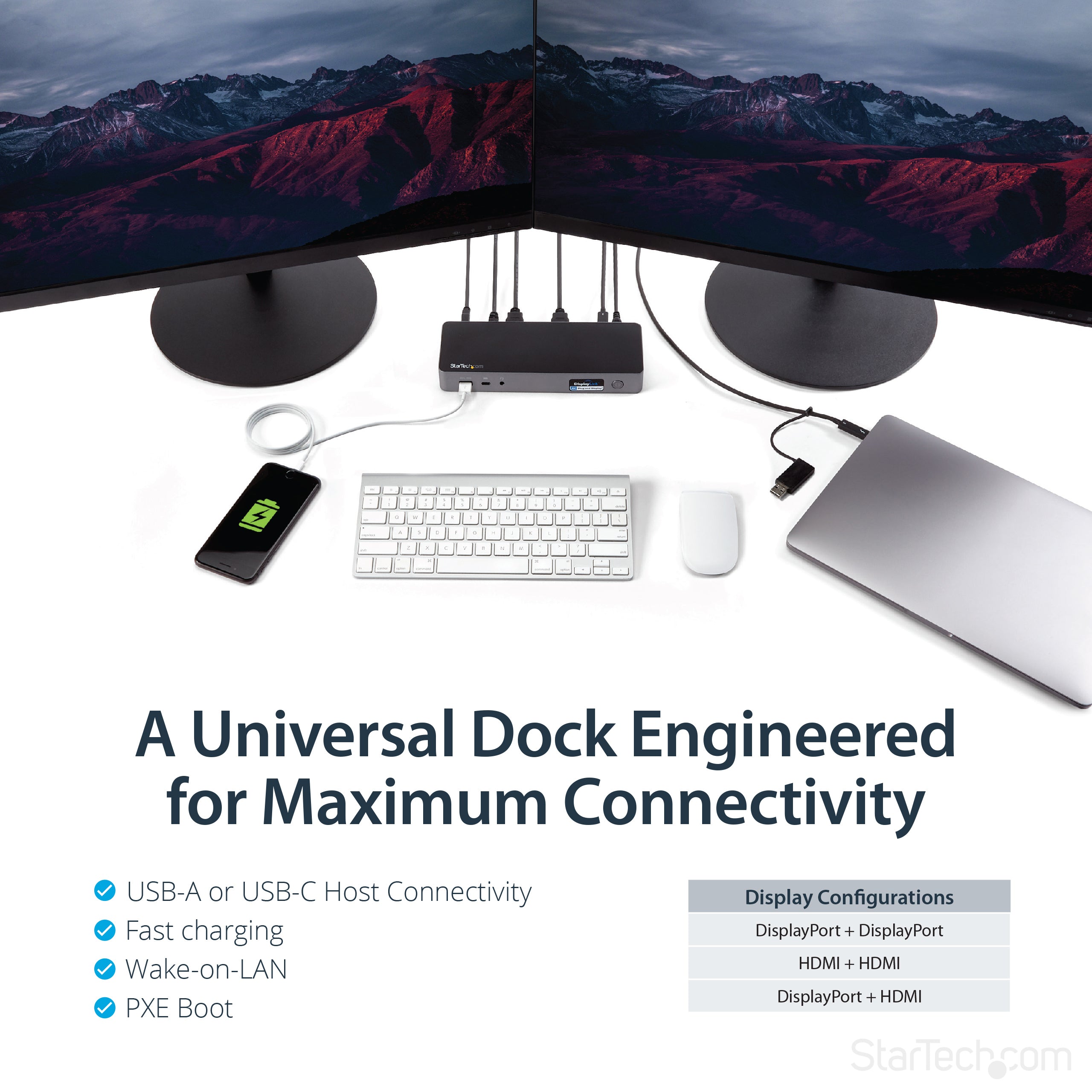 StarTech.com Universal Laptop Docking Station, Hybrid USB-C & USB-A Dock, Dual 4K DP & HDMI, 60W PD, Mac / Windows / Chrome OS, 4x USB 5Gbps Hub, GbE