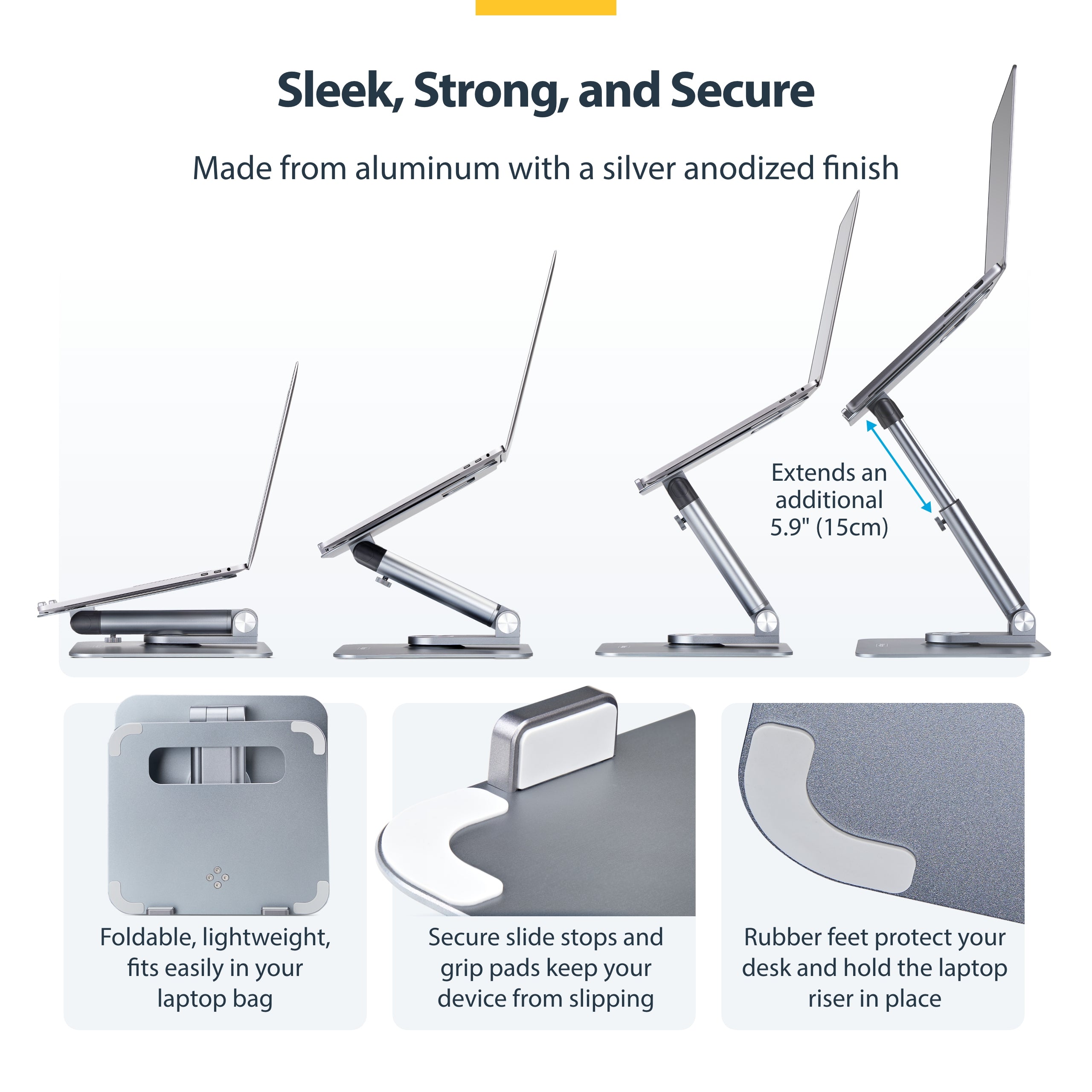 StarTech.com Telescopic Laptop Stand, 360 Swivel Base, Rotating Computer Riser for Desk, Adjustable Height and Tilt, Max 11lb/5kg, Aluminum Build, Portable Design