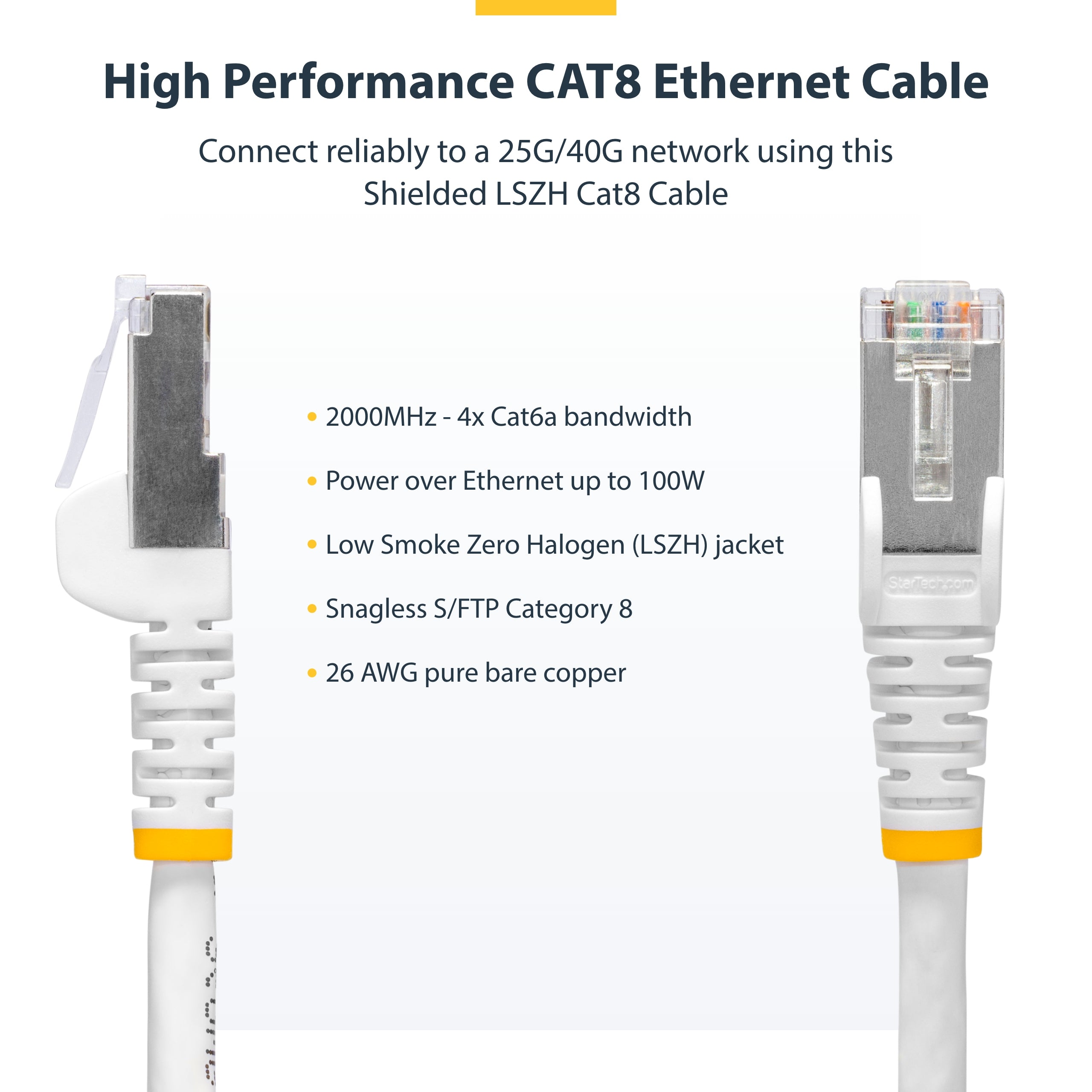 StarTech.com 1m White CAT8 Ethernet Cable, Snagless RJ45, 25G/40G, 2000MHz, 100W PoE++, S/FTP, 26AWG Pure Bare Copper Wire, LSZH, Shielded Network Patch Cord w/Strain Reliefs, Fluke Channel Tested