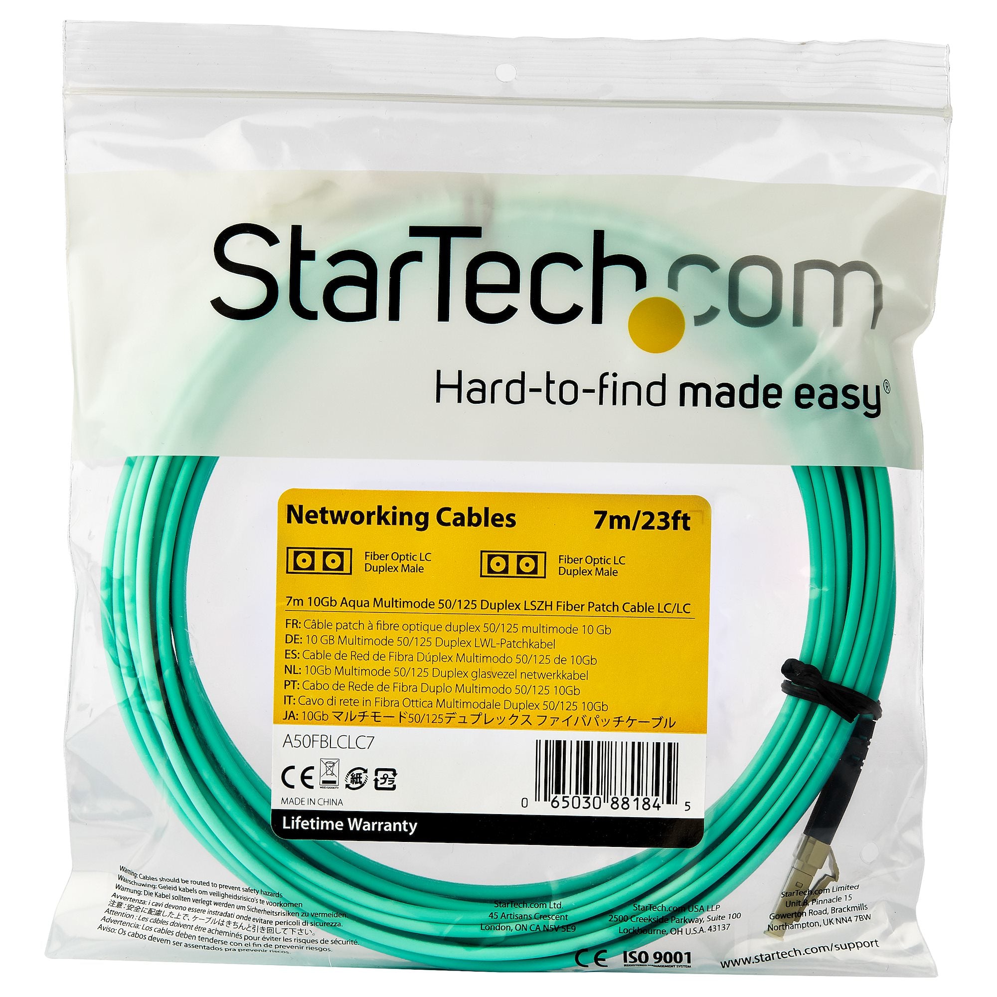 StarTech.com 7m (22ft) LC/UPC to LC/UPC OM3 Multimode Fiber Optic Cable, Full Duplex 50/125µm Zipcord Fiber Cable, 100G, Low Insertion Loss, LSZH Fiber Jumper Cord