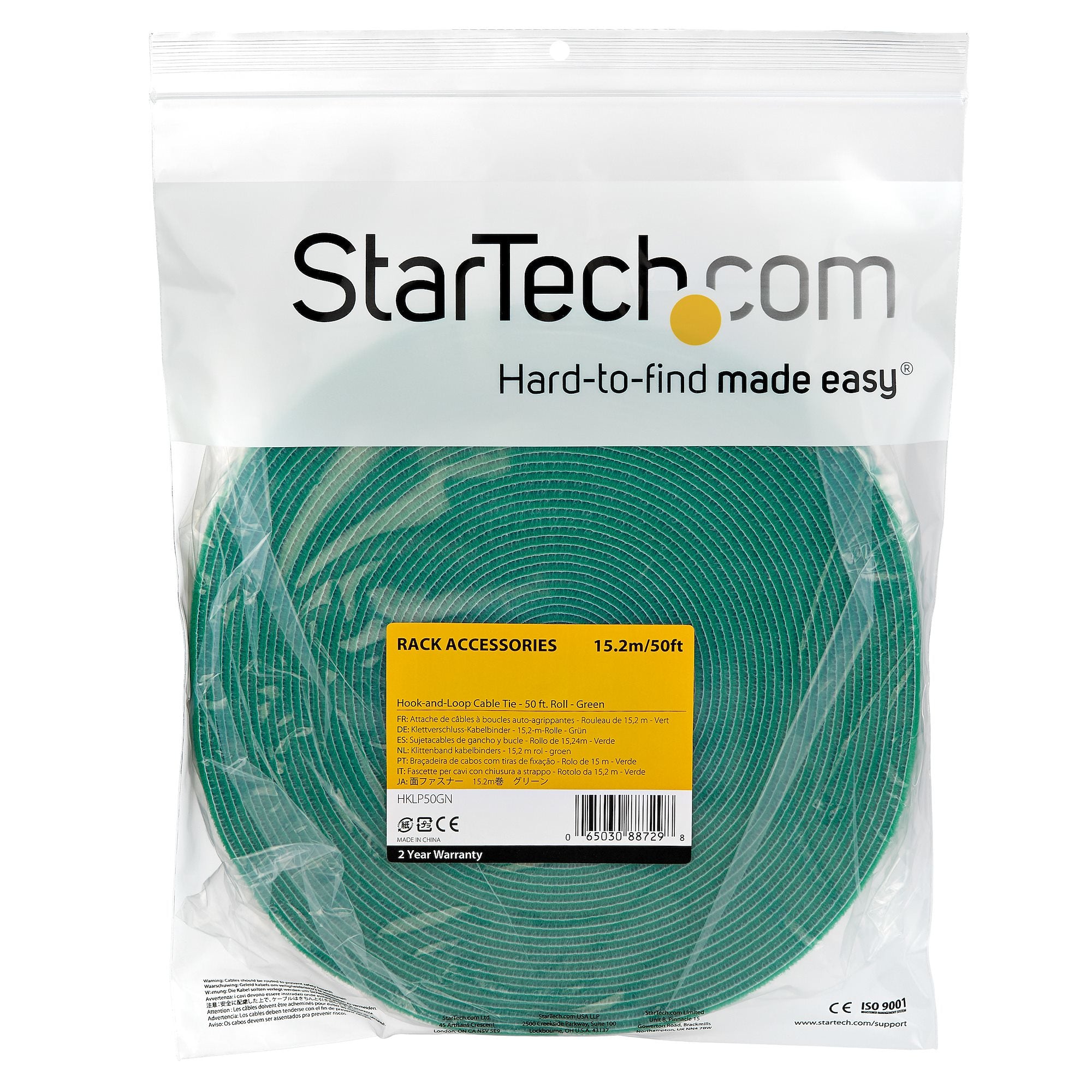 StarTech.com 50ft Hook and Loop Roll - Cut-to-Size Reusable Cable Ties - Bulk Industrial Wire Fastener Tape /Adjustable Fabric Wraps Green / Resuable Self Gripping Cable Management Straps