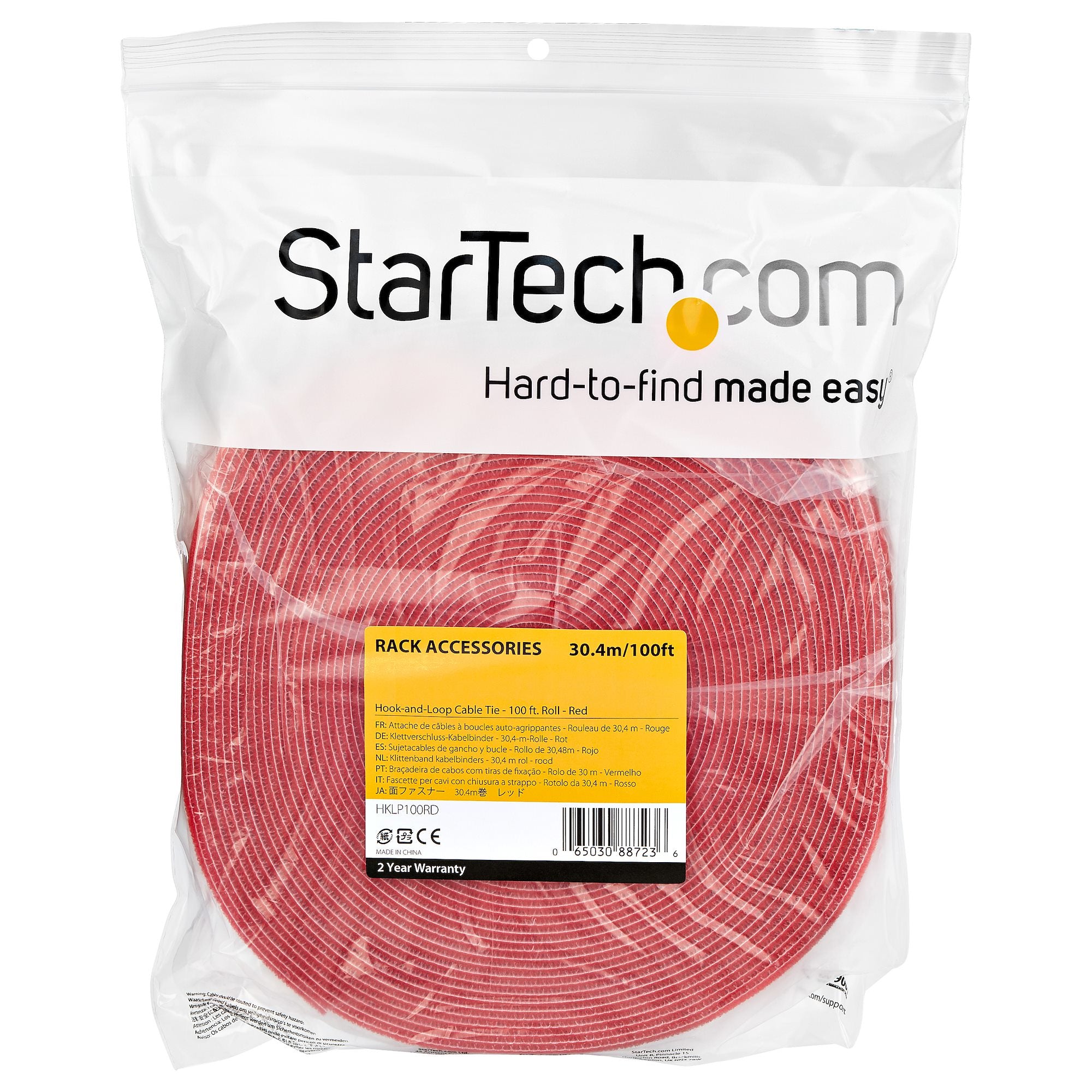 StarTech.com 100ft Hook and Loop Roll - Cut-to-Size Reusable Cable Ties - Bulk Industrial Wire Fastener Tape /Adjustable Fabric Wraps Red / Resuable Self Gripping Cable Management Straps