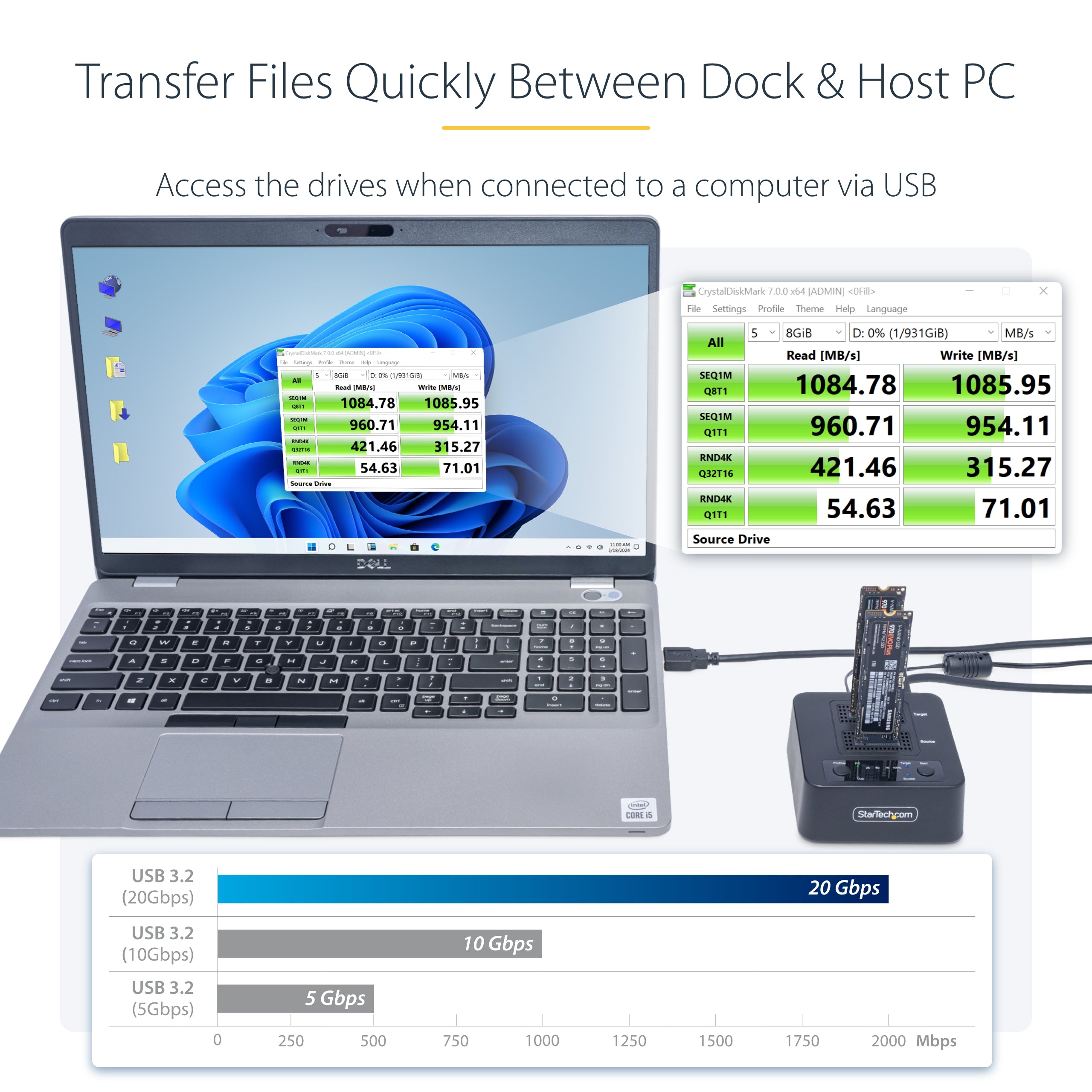 StarTech.com 1:1 M.2 NVMe Drive Duplicator, Standalone M.2 SSD Cloner/Copier up to 90GBpm, USB 3.2 20Gbps M.2 Dual-Bay Drive Dock, USB-C/A Cables Included