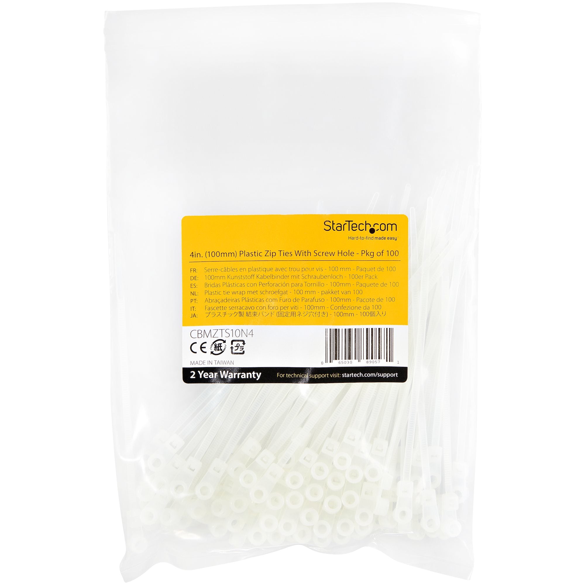 StarTech.com 4"(10cm) Cable Ties with Mounting Hole - 1/16"(2mm) wide, 7/8"(24mm) Bundle Dia. 18lb(8kg) Tensile Strength, Nylon 66 Self Locking Ties w/Screw Hole, UL Listed, 100 Pack