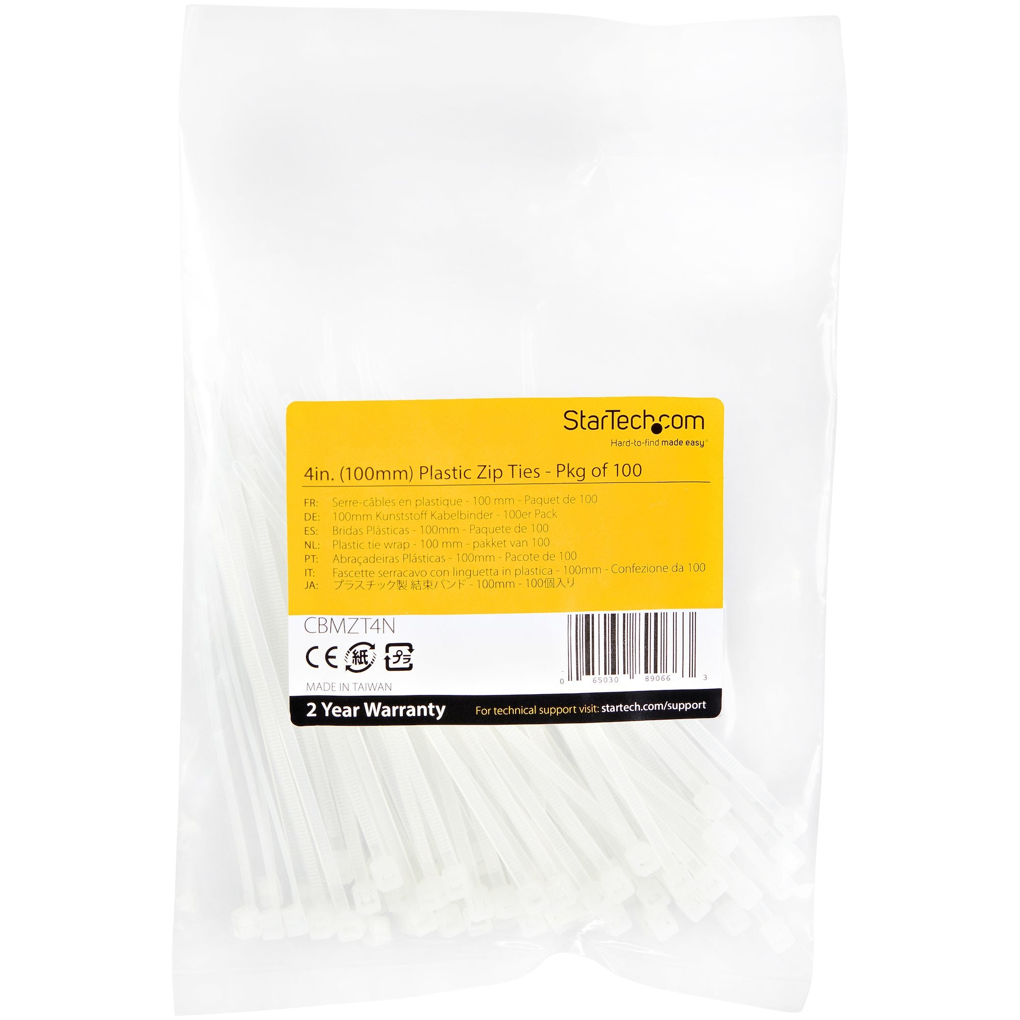 StarTech.com 4"(10cm) Cable Ties - 1/16"(2mm) wide, 7/8"(22mm) Bundle Diameter, 18lb(8kg) Tensile Strength, Nylon Self Locking Zip Ties with Curved Tip - 94V-2/UL Listed, 100 Pack - White