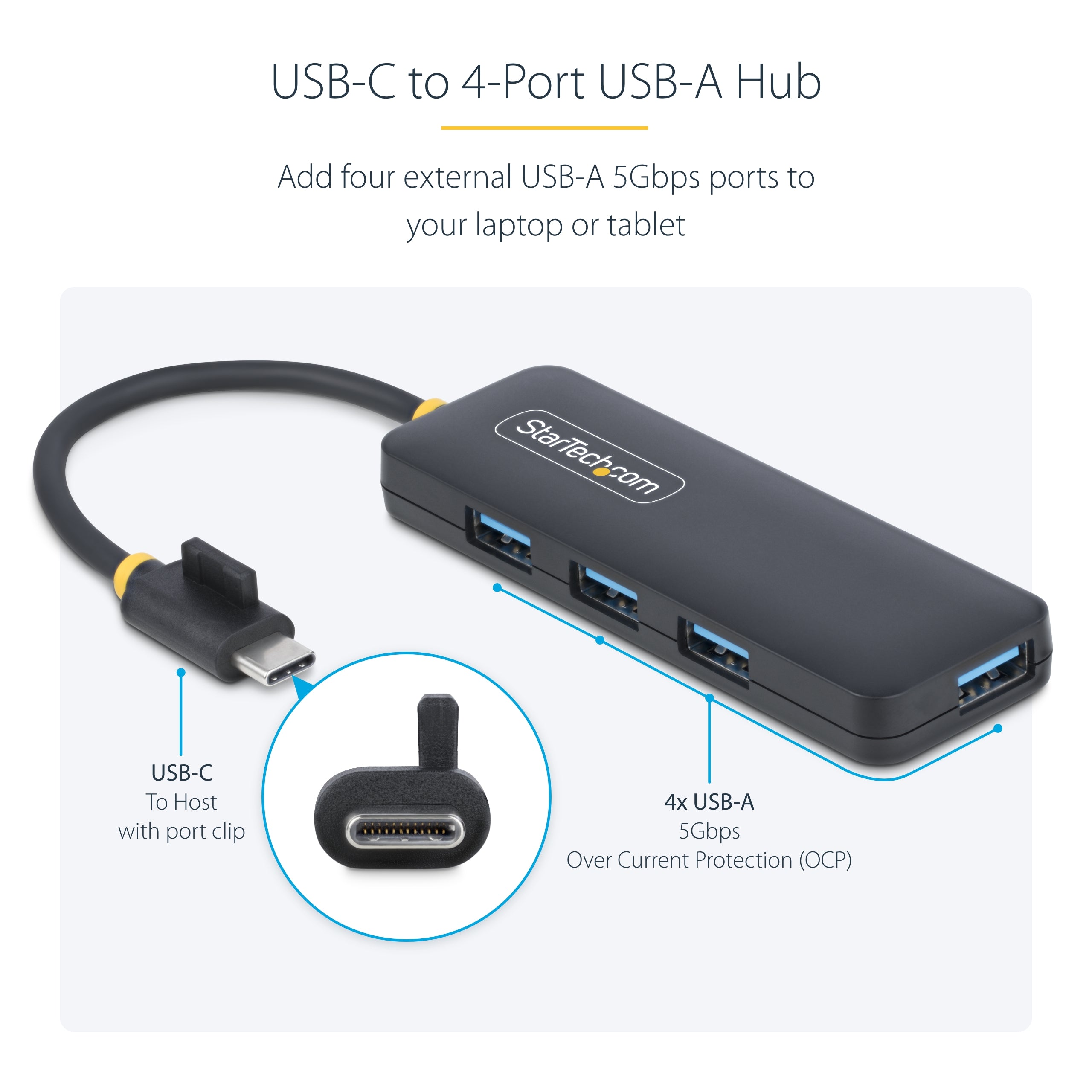 StarTech.com 4-Port USB-C Hub, 5Gbps, USB-C to 4x USB-A, Bus Powered, Small Travel Mini Hub, Multi-Port USB 3.0 Splitter, Portable Hub, Overcurrent Protection