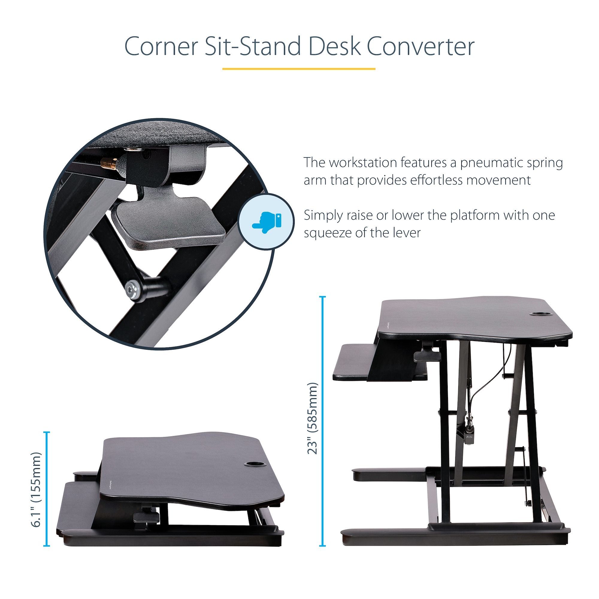 StarTech.com Corner Sit Stand Desk Converter with Keyboard Tray - Large Surface (35" x 21") - Height Adjustable Ergonomic Desktop/Tabletop Standing Workstation - Supports Dual Monitors