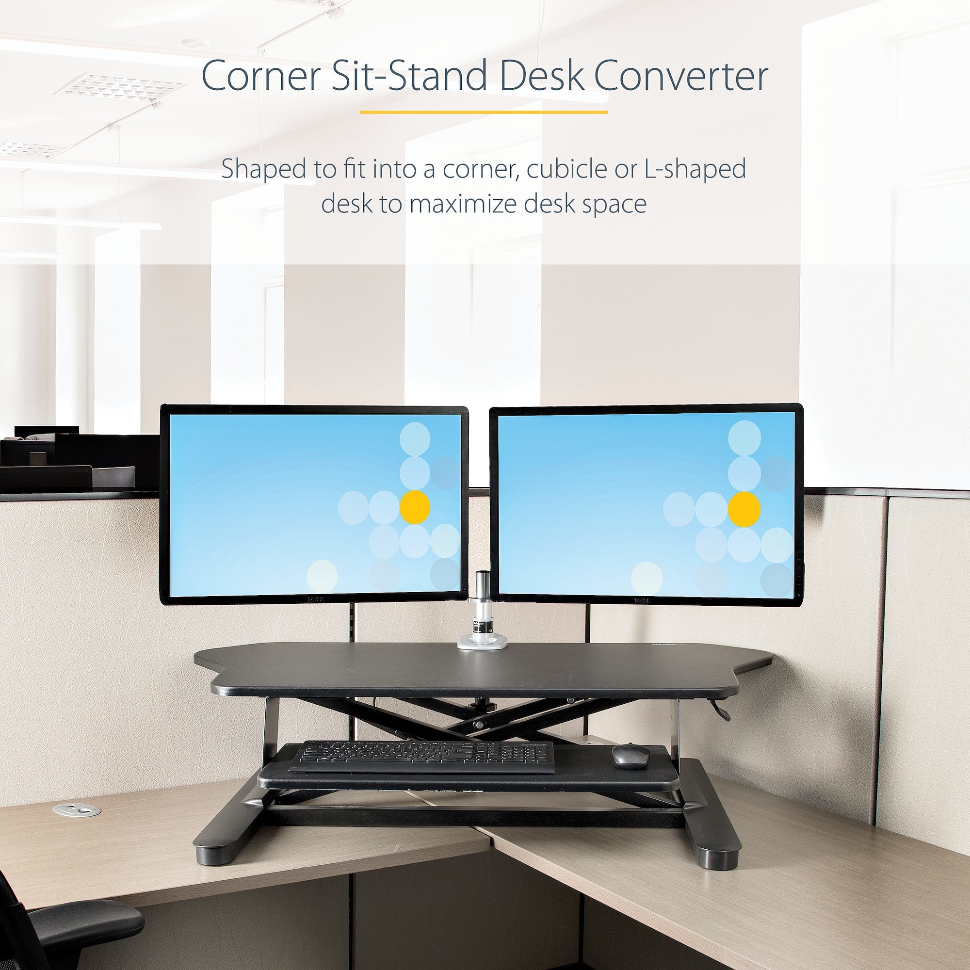 StarTech.com Corner Sit Stand Desk Converter with Keyboard Tray - Large Surface (35" x 21") - Height Adjustable Ergonomic Desktop/Tabletop Standing Workstation - Supports Dual Monitors
