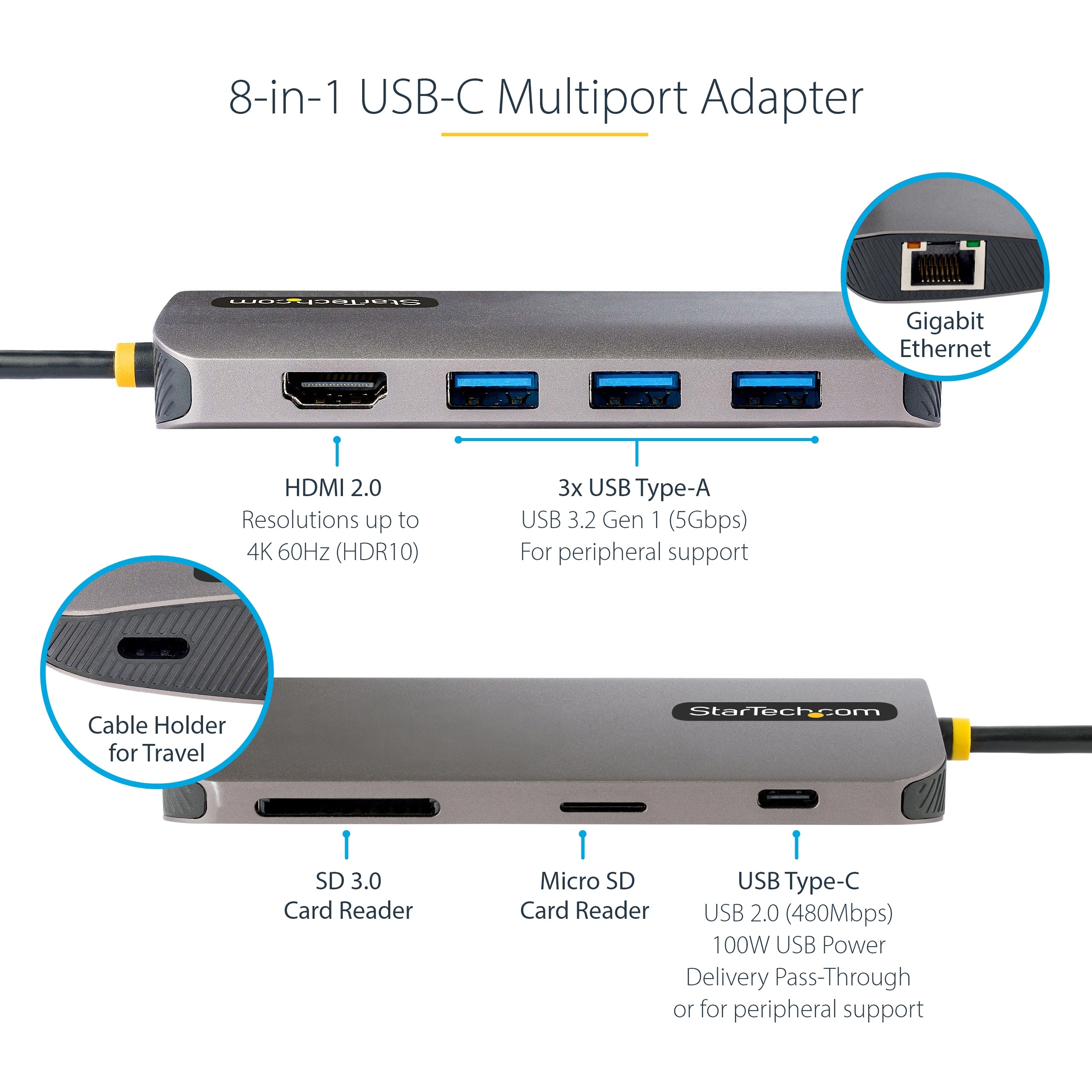 StarTech.com USB C Multiport Adapter 4K 60Hz HDMI Video, 3 Pt 5Gbps USB-A Hub, 100W USB Power Delivery Pass-Through/GbE/SD/MicroSD, 12"/30cm Cable, Travel Laptop Docking Station