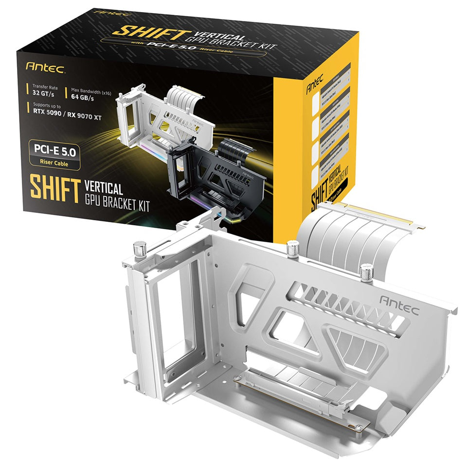 Antec AT-ARCVB-W190-A-PCIE5 SHIFT ARGB White PCI-E 5.0, 190mm riser, ARGB, PCIe 5.0 x16, fits up to 3-slot GPUs, 284–337mm size, 1Y warranty
