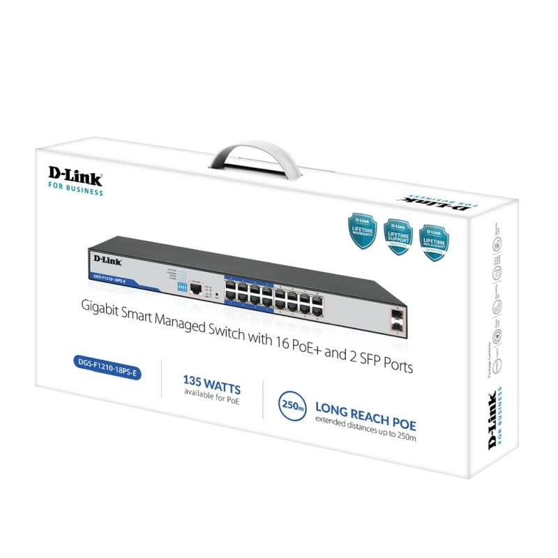 D-Link 18-Port Gigabit Smart Managed PoE+ Switch with 16 PoE+ Ports (8 Long Reach)